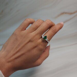 Simulated Emerald & Lab Grown Diamond Pear Round ring .925 Sterling Silver